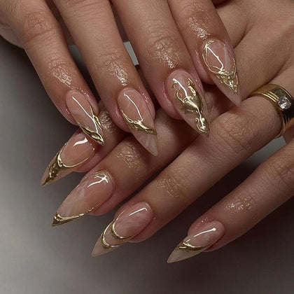 CTTHNBD Gold Press On Almond False Nails front view with 3D gold chrome design