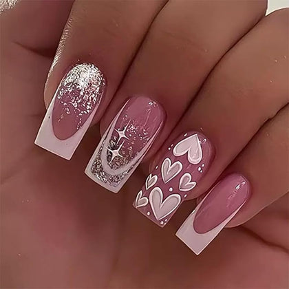 CTTHNBD medium pink press on nails with heart design front view