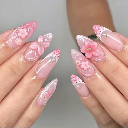 CTTHNBD Medium Press on Nails Almond pink with 3D flower design