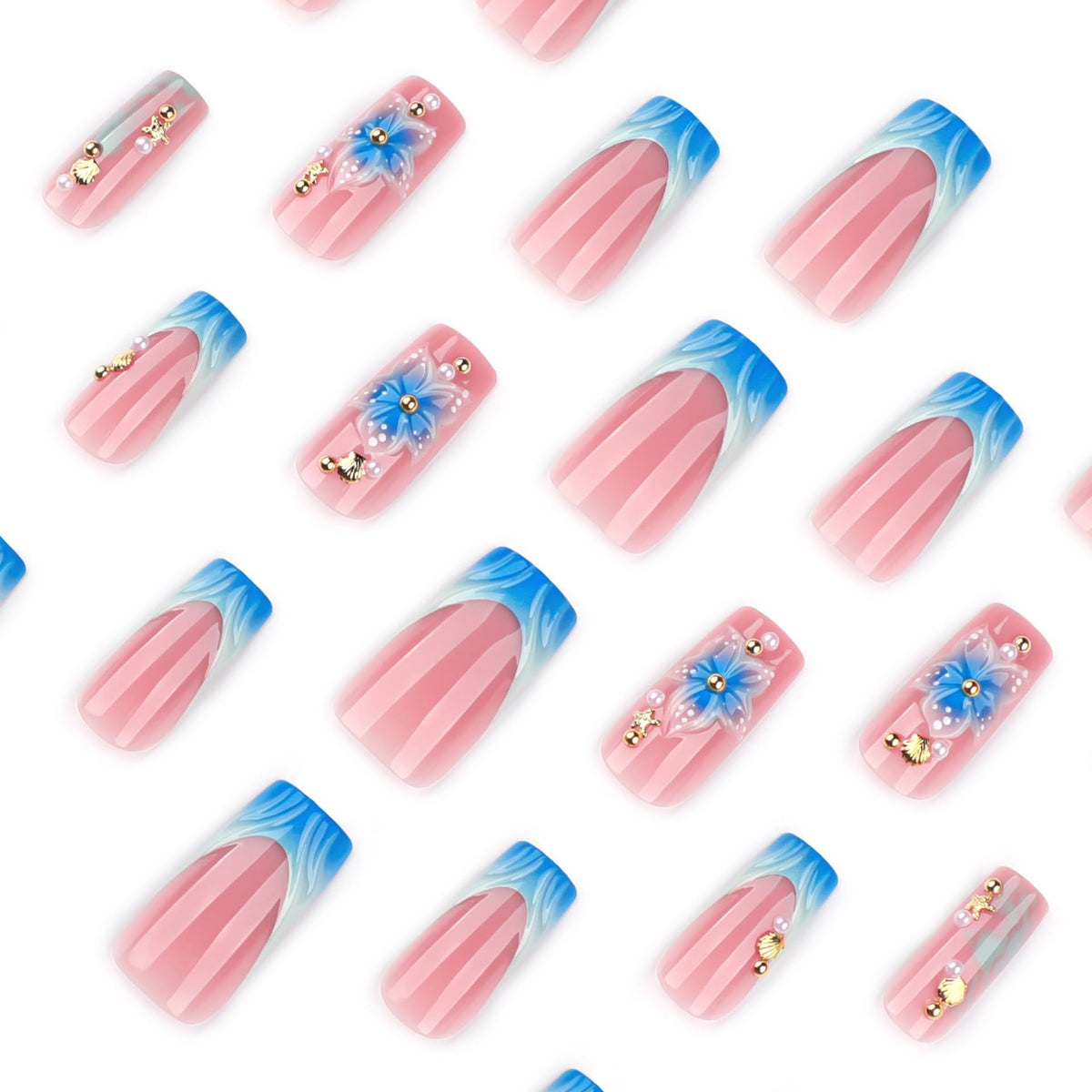 CTTHNBD Medium Press on Nails blue French tip with flower design