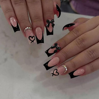 CTTHNBD Medium Press on Nails Coffin black French tip with bow charms