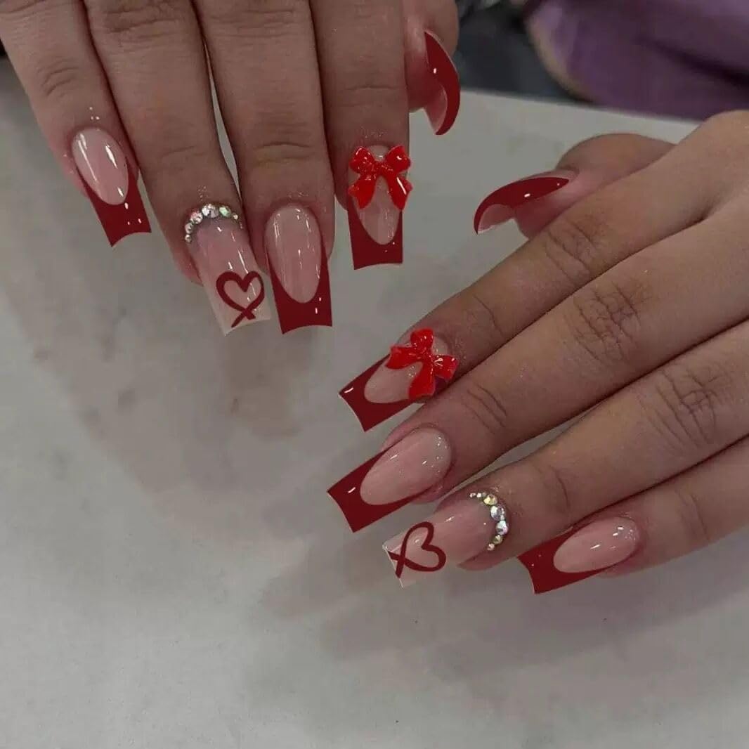 CTTHNBD Medium Press on Nails Coffin Red French Tip front view