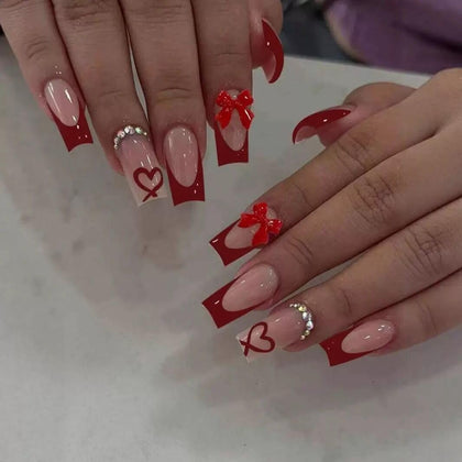CTTHNBD Medium Press on Nails Coffin Red French Tip front view