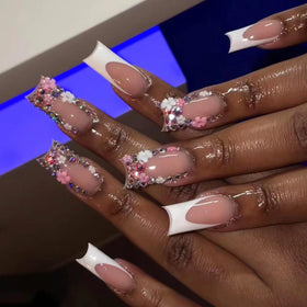 CTTHNBD Medium Press on Nails Square White French Tip with Floral Charms