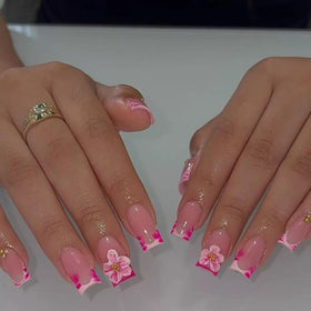 CTTHNBD Medium Square Press on Nails 24 Pcs with 3D Flower Design front view