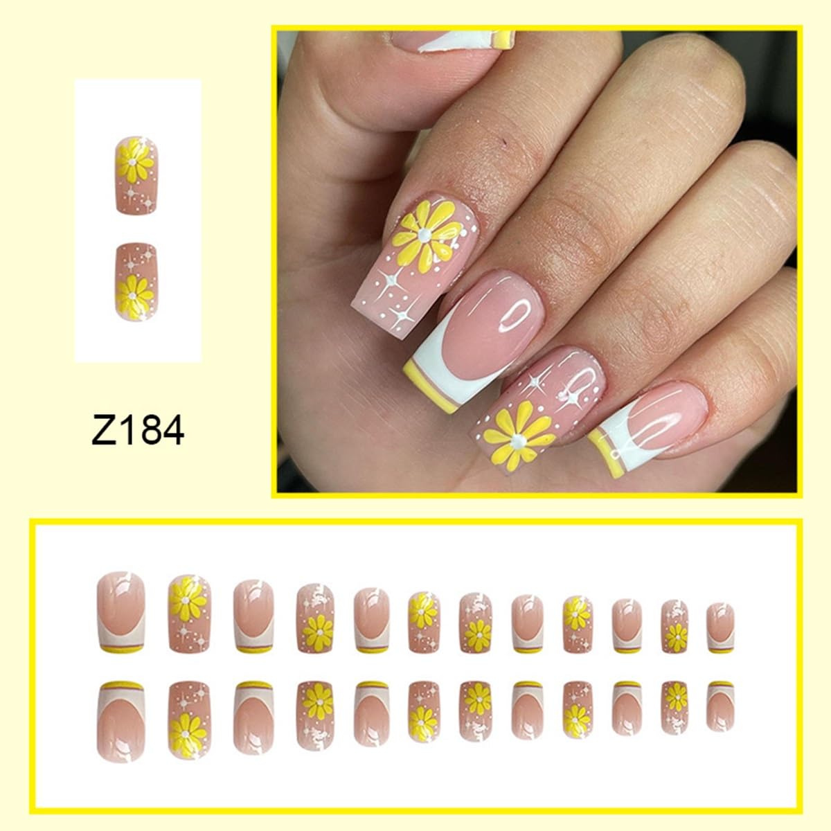 CTTHNBD medium square press on nails with French tips and flowers