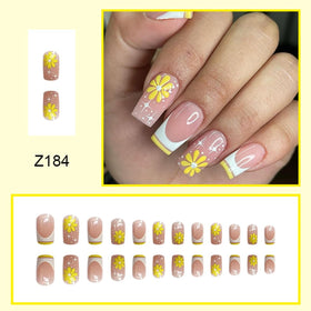 CTTHNBD medium square press on nails with French tips and flowers