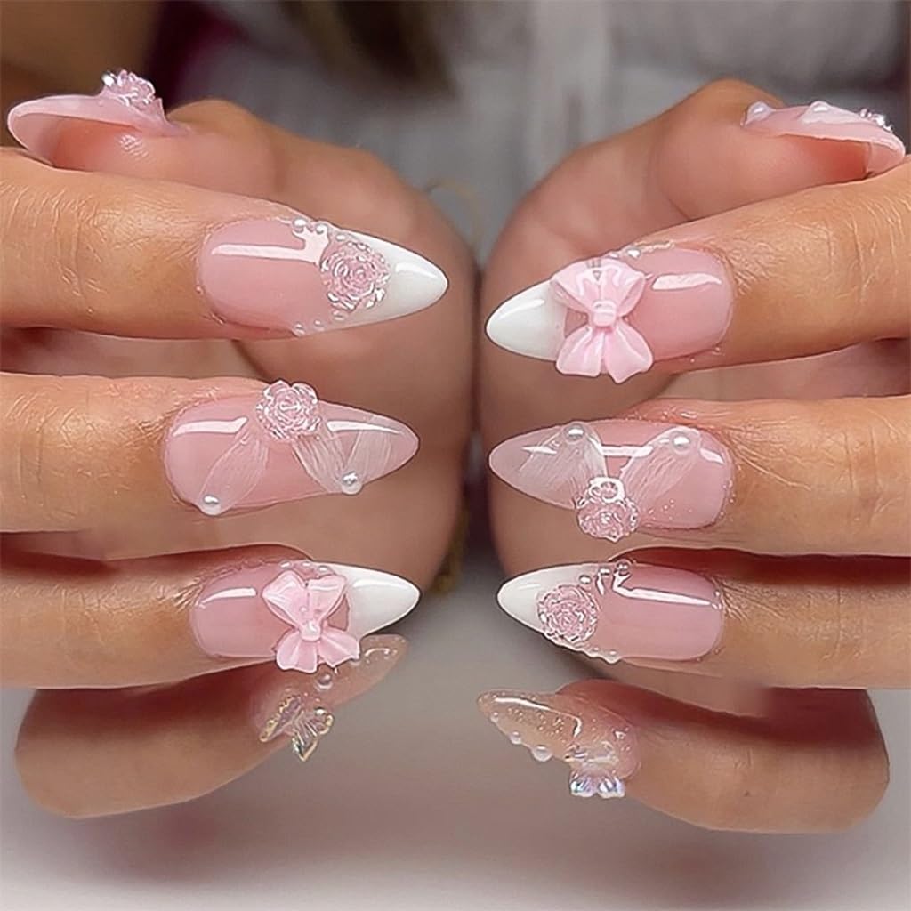 CTTHNBD Press on Almond Nails 24 pcs with Bow Flower Charms