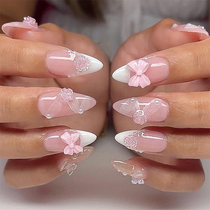 CTTHNBD Press on Almond Nails 24 pcs with Bow Flower Charms