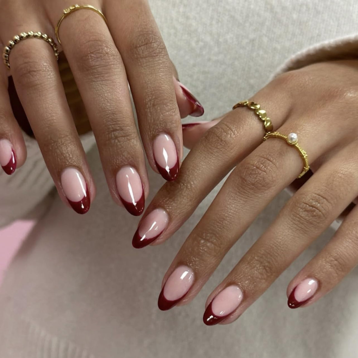 CTTHNBD Press on Nails Almond Medium Wine Red French Tip front view