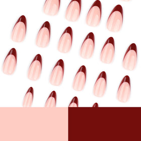 CTTHNBD Press on Nails Almond Medium Wine Red French Tip jelly glue stickers