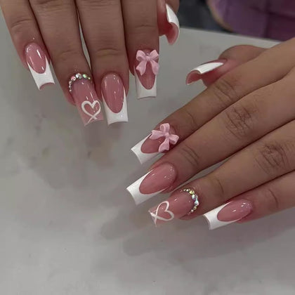 CTTHNBD Press on Nails Medium Coffin Pink Bow Heart Design front view