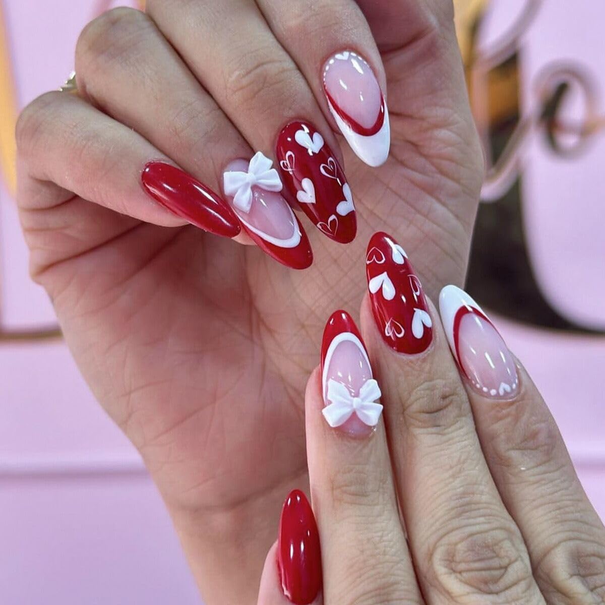 CTTHNBD Press on Nails Red front view with heart bow design