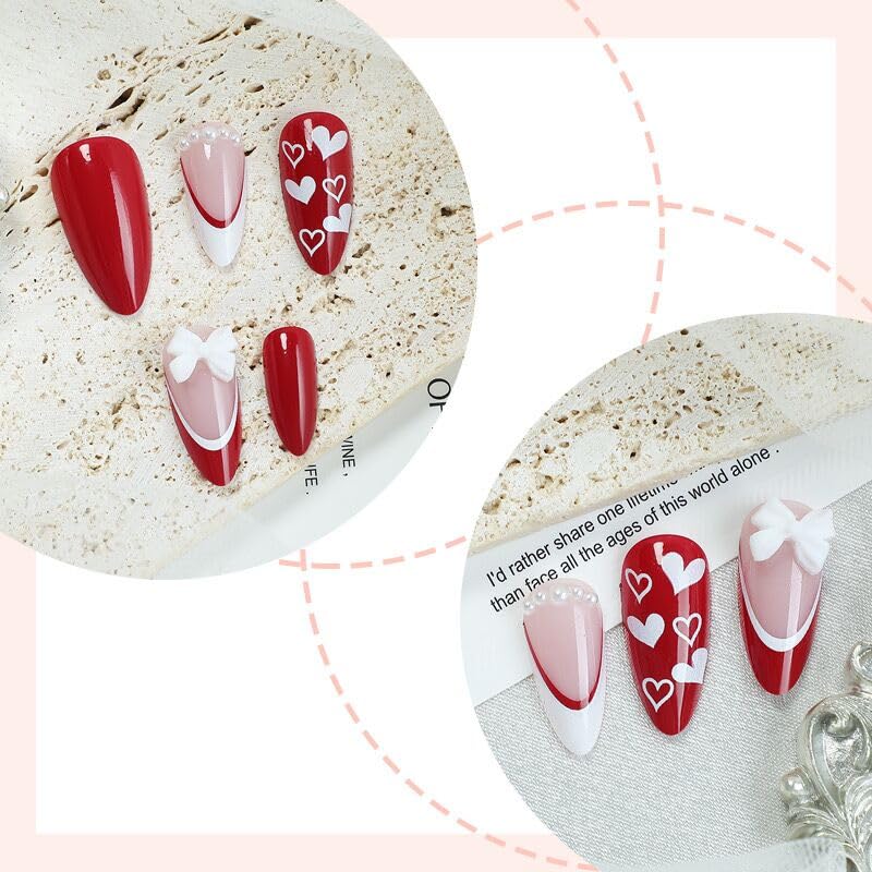CTTHNBD Press on Nails Red medium almond shape close-up