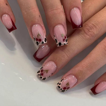 CTTHNBD Short Press on Nails Leopard Print Cherry Design front view
