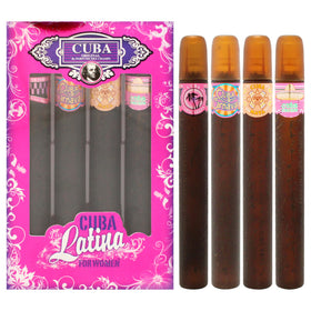 Cuba Champs Cuba Latino Collection gift set front view with four perfume bottles