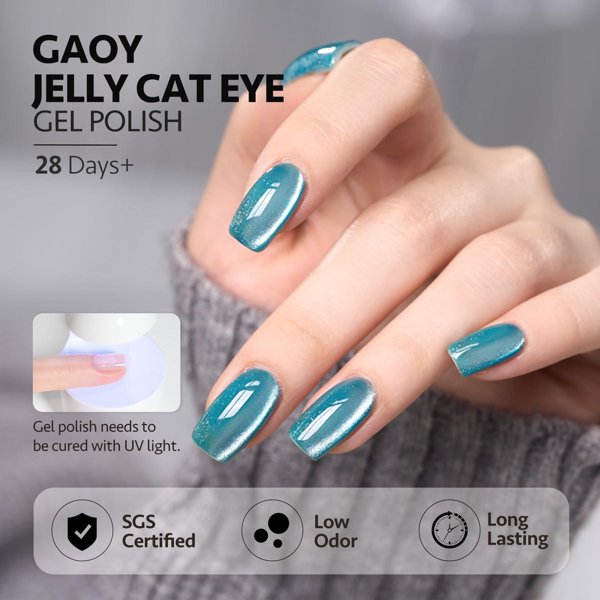 Curing process of GAOY Glitter Cat Eye Gel Nail Polish under UV lamp