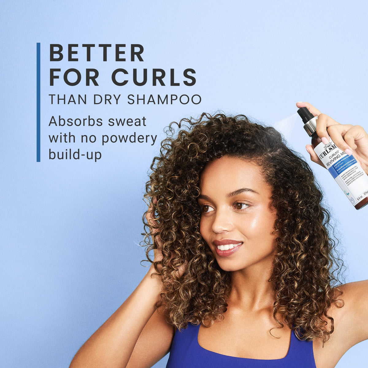 CURLSMITH CurlFit Reviving Mist 6 oz lifestyle image on a gym bench
