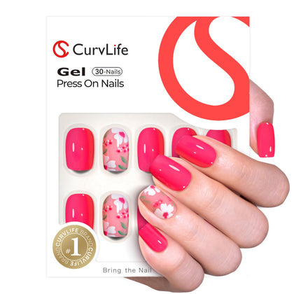 CurvLife Bloom Hot Pink Short Square Press On Nails front view