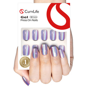 CurvLife Chrome Square Cat Eye Press On Nails Purple in storage box