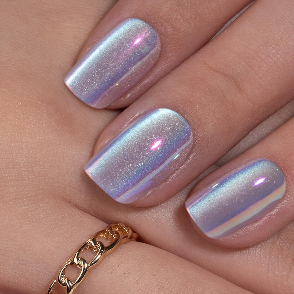 CurvLife Chrome Square Cat Eye Press On Nails Purple with nail glue and accessories