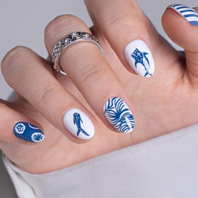 CurvLife Extra Short Almond Press On Nails Azure Tide Blue application kit
