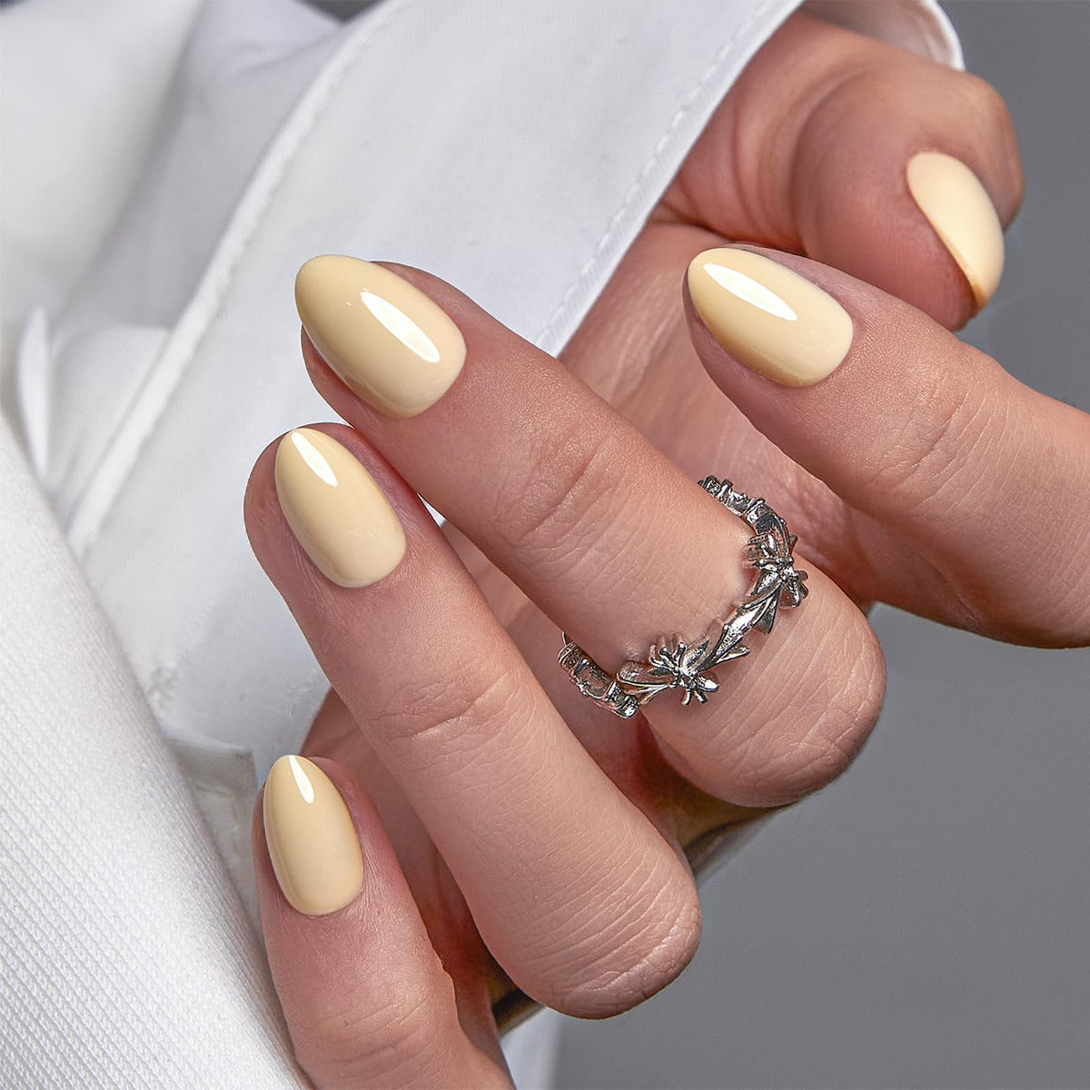 CurvLife Extra Short Almond Press On Nails Berry Picnic Yellow front view
