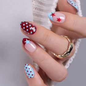 CurvLife Extra Short Almond Press On Nails Cherry Dots front view