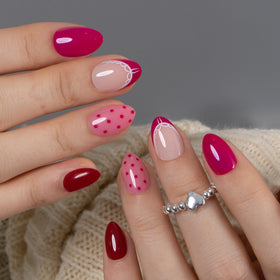 CurvLife Extra Short Almond Press On Nails Cherry Wild Red set with nail glue