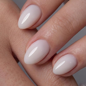 CurvLife Extra Short Almond Press On Nails close-up showing UV gel finish