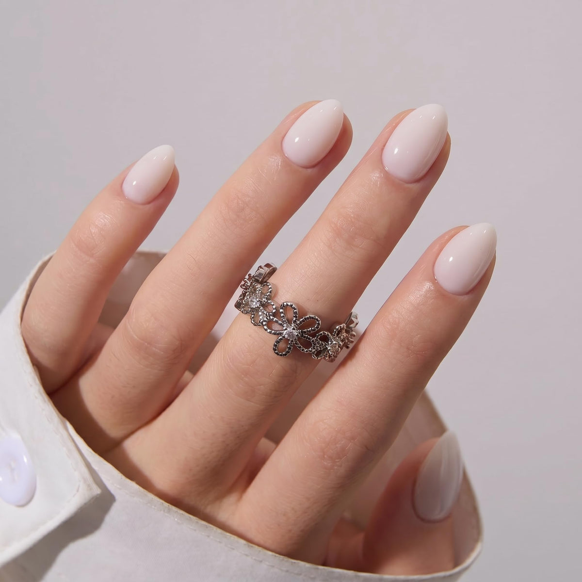 CurvLife Extra Short Almond Press On Nails in Luna Silk Milky White front view
