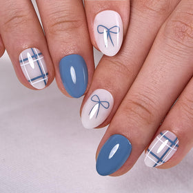 CurvLife Extra Short Almond Press On Nails in Misty Bloom Blue front view