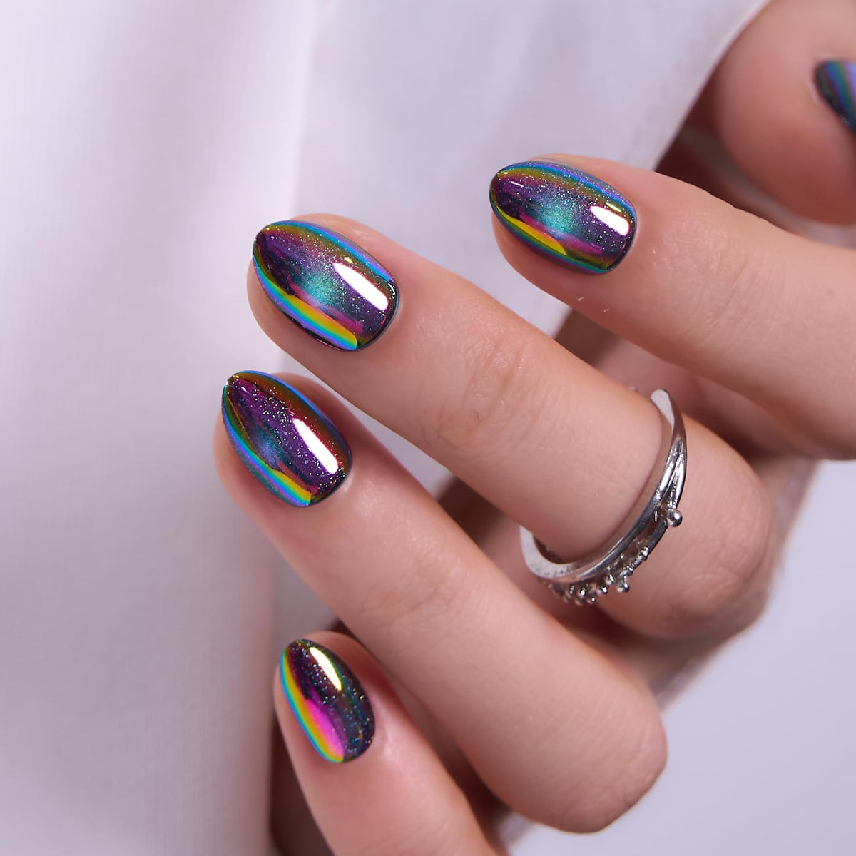 CurvLife Extra Short Almond Press On Nails Neon Eclipse Cat Eye front view
