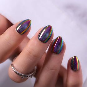 CurvLife Extra Short Almond Press On Nails Neon Eclipse Cat Eye with nail glue and accessories