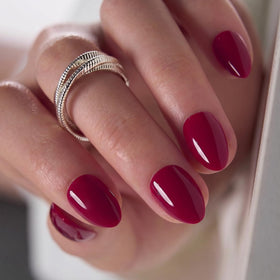 CurvLife Extra Short Almond Press On Nails Ruby Poise Ruby Red packaging