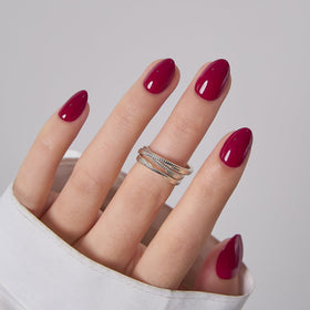 CurvLife Extra Short Almond Press On Nails Ruby Poise Ruby Red with nail glue and accessories