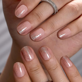 CurvLife Extra Short Oval Press On Nails Golden Mist Gold with nail glue and accessories