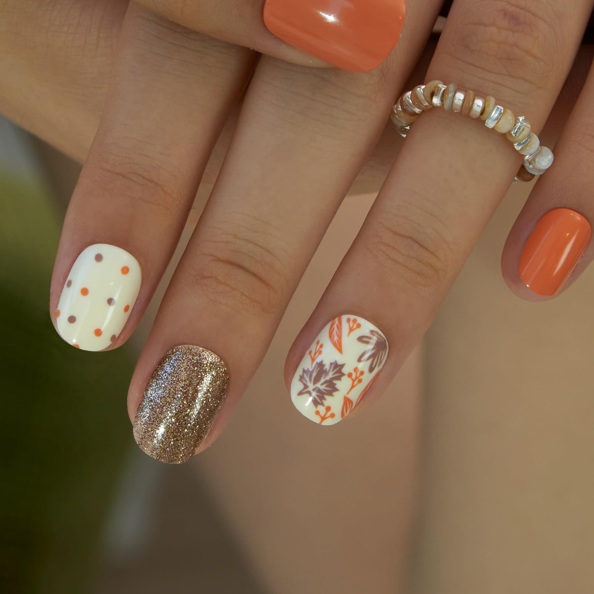 CurvLife Extra Short Press On Nails Gold Maple Leaf decorative accents