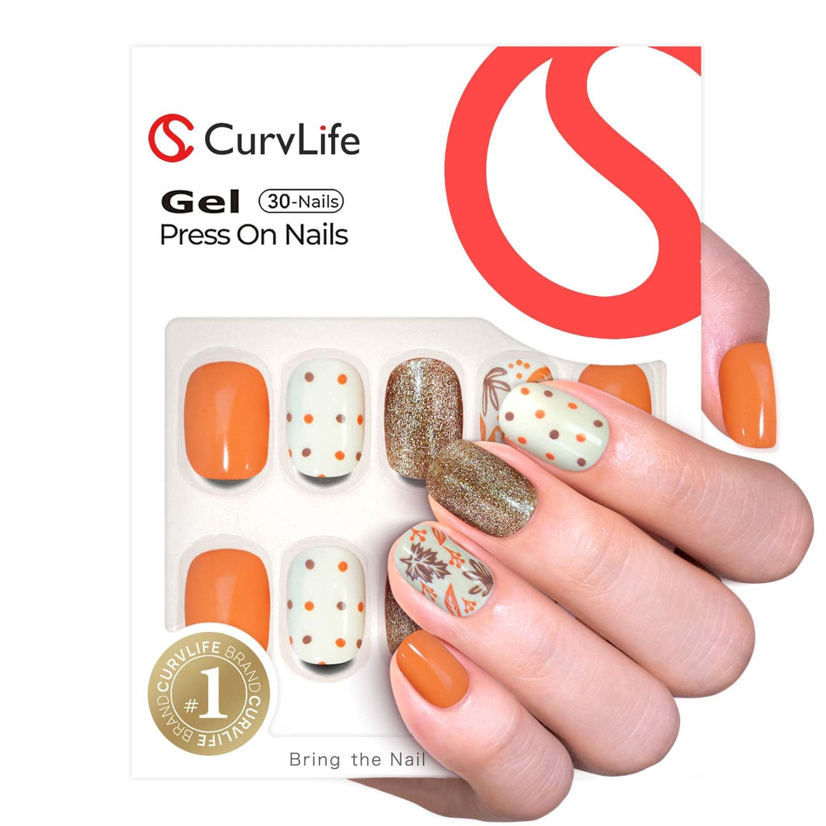 CurvLife Extra Short Press On Nails Gold Maple Leaf in storage box