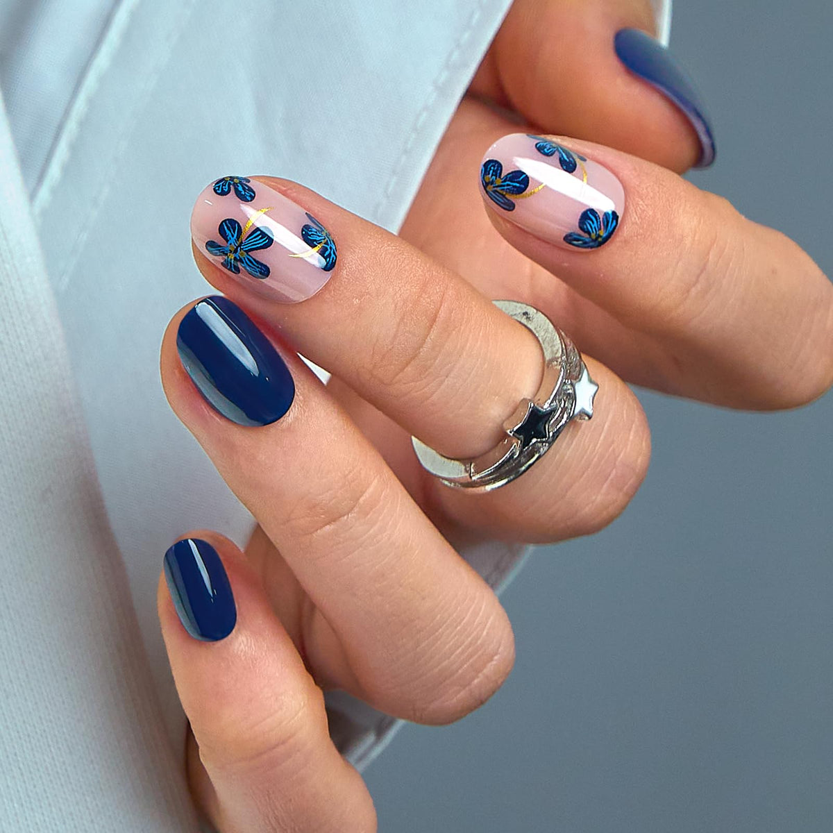 CurvLife Extra Short Square Floral Press On Nails Navy Petal front view