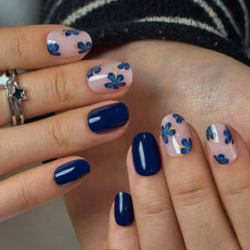 CurvLife Extra Short Square Floral Press On Nails Navy Petal side view