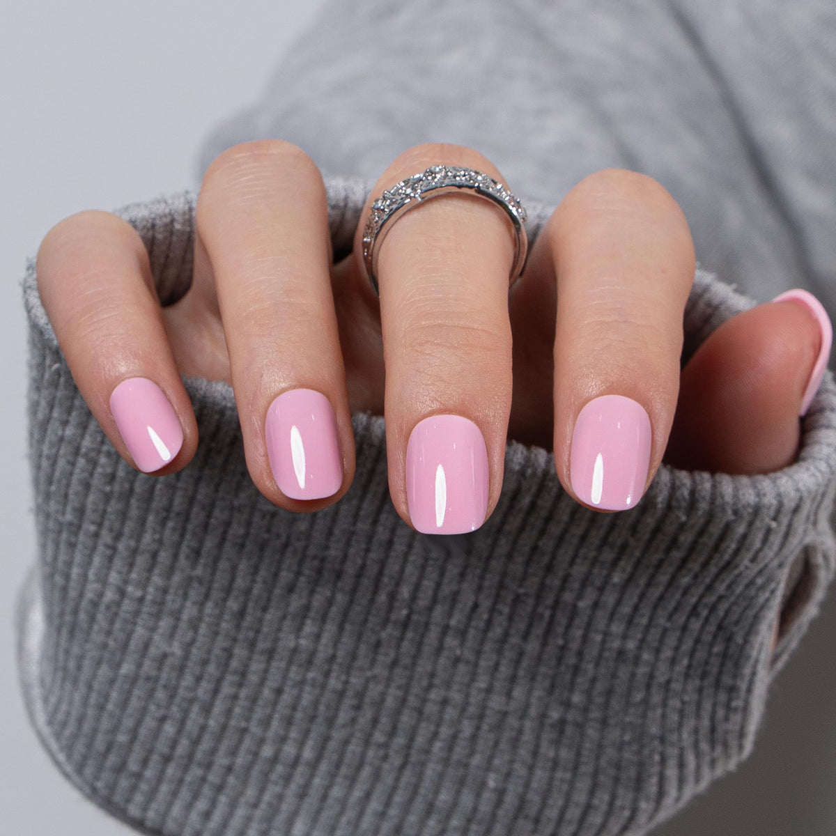CurvLife Extra Short Square Press On Nails Candy Blush Pink with nail glue and accessories
