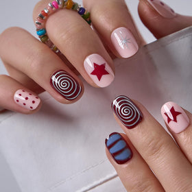 CurvLife Extra Short Square Press On Nails Crimson Swirl front view