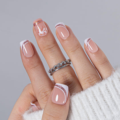 CurvLife French Tip Press On Nails Golden Bloom White front view