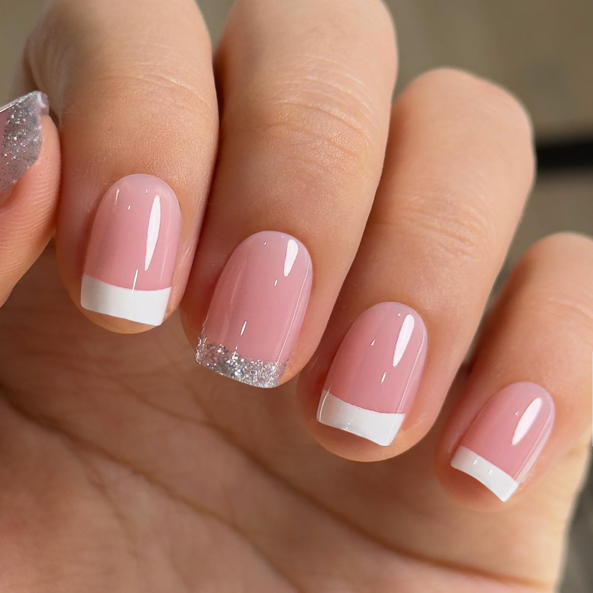 CurvLife Glitter Pink French Tip Press On Nails front view