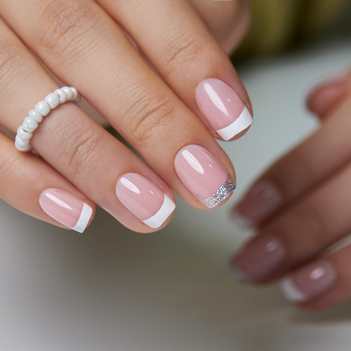 CurvLife Glitter Pink French Tip Press On Nails side view