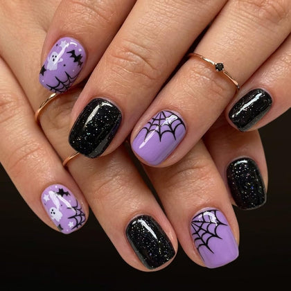 CurvLife Halloween Short Square Press On Nails Spooky Night Black front view