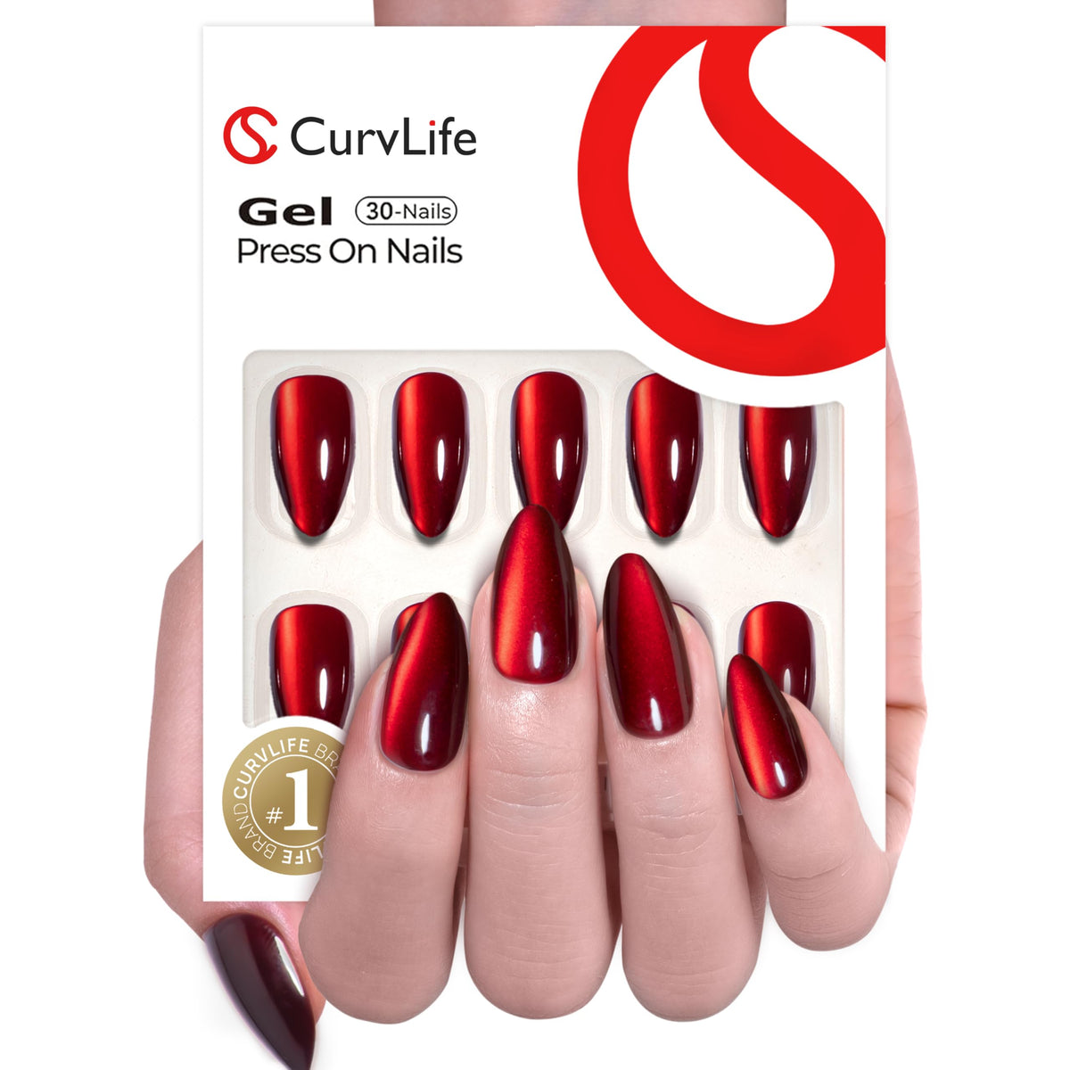 CurvLife Long Almond Press On Nails Red Cat Eye front view