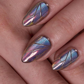 CurvLife Medium Almond Cat Eye Press On Nails in Aurora Wings Blue front view