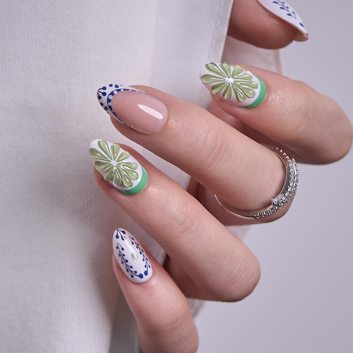 CurvLife Medium Almond Floral Press On Nails in Lime Riviera Black front view